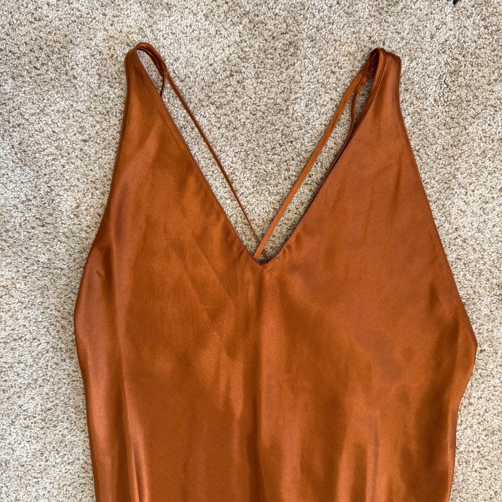 Frederick’s of Hollywood Burnt Orange Satin Slip Dress Maxi Strapy Sexy Large - Picture 2 of 9